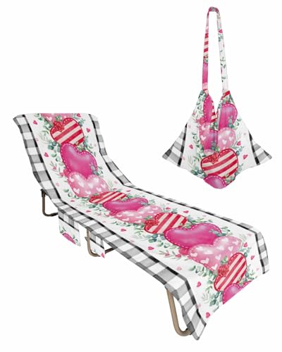 Valentines Beach Lounge Chair Towel Cover, Soft Chaise Lounge Towel with Side Pockets Patio Pool Chairs Cover for Beach/Pool Sunbathing 29x85 Black Plaid Pink Red Love Heart Eucalyptus Leaves