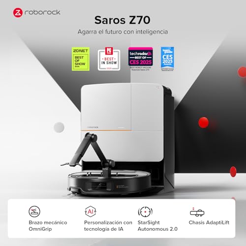 Miniatura 3 de roborock Saros Z70 Robot Aspirador Succión Extrema de 22000 Pa | Brazo Mecánico OmniGrip Plegable de 5 Ejes, Succión de 22000 Pa, Doble Sistema antienredos, Diseño Ultrafino de 7,98 cm