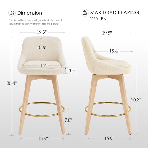 Image of Zesthouse Swivel Counter Height Stools Set of 4, 26 inch Wooden Barstools with Back & Solid Wood Legs, Modern Upholstered Bar Stools for Kitchen Island, Beige Linen Fabric Counter Height Chairs