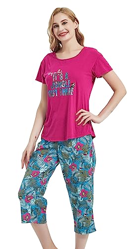 Image of CHUNG Women Cotton Pajama Sets Sleepwear pjs Short Sleeve Shirt Capri Length Crop Pants Cute Vivid Print