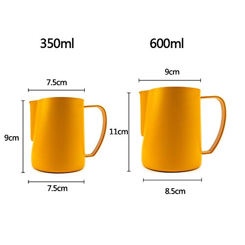 MIGHTYDUTY Stainless Steel Frothing Pitcher 12/20 oz, Milk Frothing Pitcher Jug 350 / 600ml, Espresso Steaming Pitchers for Espresso, Latte Art and Frothing Yellow 20oz - Thumbnail 2