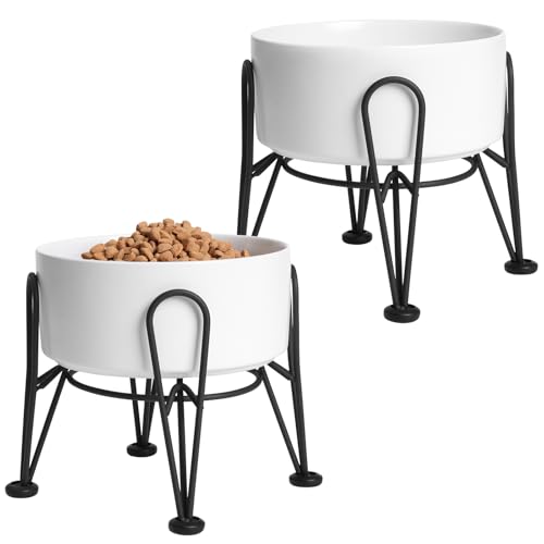 Kitwinney Elevated Dog Bowls, Ceramic Raised Dog Bowl Set with Anti-Slip and Non-Tip Metal Stand...
