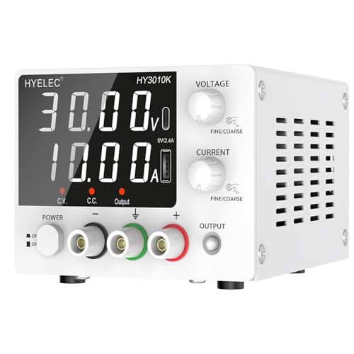 HYELEC Fonte de alimentação CC variável, 0-30V 0-10A, fonte de alimentação de bancada com botão codificador, display LED de 4 dígitos, calibração digital, carregamento USB e tipo C