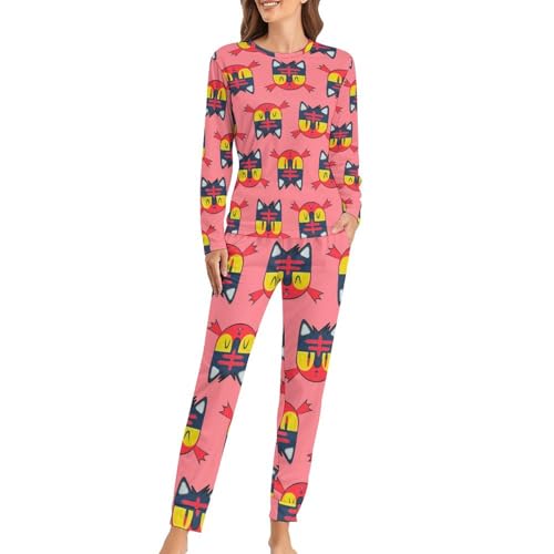 Pyjama rouge ensemble femme manches longues dessin animé chat pour des nuits douces