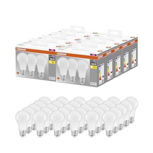 Osram BASE CLASSIC A 60 FR LED-Lampe mit Sockel E27, Kolbenform, 3er Pack, 8,5W, 806lm, 2700K, warmweißes Licht, geringere Wärmeentwicklung, sehr geringer Energieverbrauch, lange Lebensdauer,30-Pack