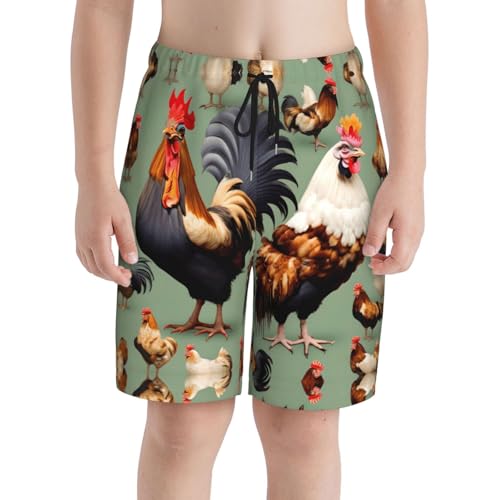 Rooster and Chicken Youth Beach Pants, Soft and Breathable, with Drawstring Waist, Suitable for Sports and Leisure.3