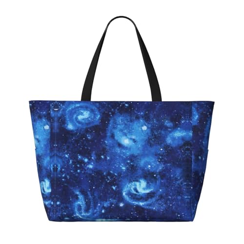 Blue Universe Space Galaxy Print Large Capacity Beach Travel Bag For Family, Beach Tote Bag For Women With Zipper Pockets2
