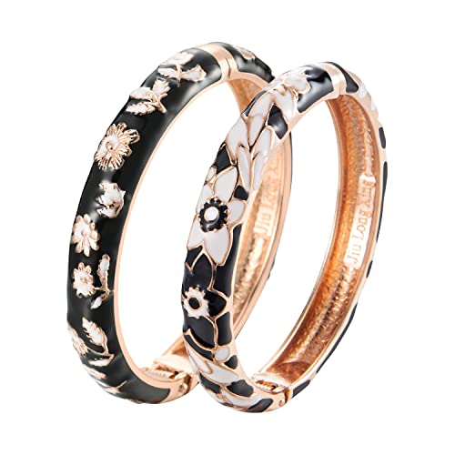 UJOY Bangles Bracelets Gorgeous Enameled Flower Cloisonne Gold Plated Indian Jewelry Sets Box for Womens Gift 55A101 black