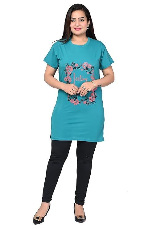 sk wardrobe Printed Long Polo Cotton T-Shirt – Stylish & Comfortable Nightwear for Women & Girls-picture-42