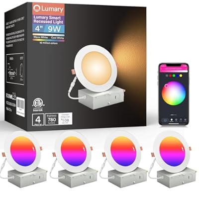 Lumary 4 Inch Smart WiFi Recessed Lights, 9W 780LM Ultra-Thin LED Recessed Lighting, Smart LED Wafer Downlights with Junction Box, Compatible with Alexa/Google Assistant/BT Remote, ETL Listed, 4 Pack