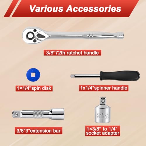 Image of Egofine 40 Pieces 1 /4 & 3 /8 inch Drive Socket Ratchet Wrench Set, Metric /SAE Size, with Extension Bar, Adapter, Spinner Handle and Spin Disk for Auto Repairing and Household, with Storage Box