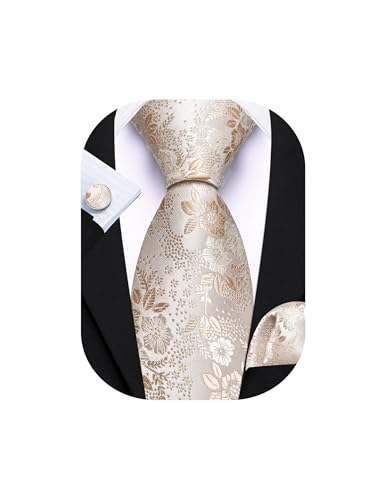 Barry.Wang Champagne Tie for Men Floral Silk Necktie Pocket Square Cufflinks Set Formal Business Wedding Party Prom