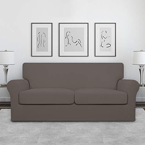 Image of Easy-Going Stretch Oversized Loveseat Couch Cover for 2 Cushion Washable | Sofa Slipcover for Stretch 2 Separate Sectional Cushion Couch - Furniture Protector for Pets, Kids Taupe