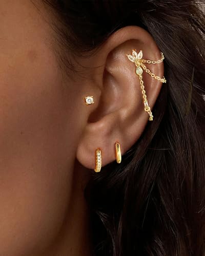 7Pcs Earring Stacks Cartilage Helix Flat Back Gold Hoop Earrings Set For Women Stud Small Huggie Chain Multiple Piercing Jewelry Triple Cubic Zirconia2