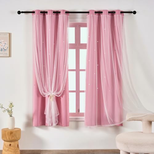 Image of indistar Star Cutout Kids Window Blackout Curtains for Girl Bedroom Window Room Darkening Curtains & Drapes Baby Nursery Curtains (2 Panel,35Wx63L inch,Pink)