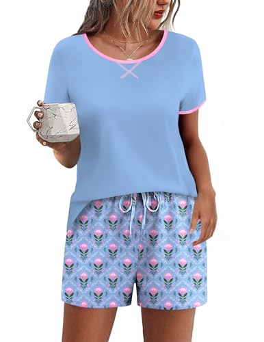 Image of Ekouaer Women Pajama Set Casual Shorts Sets Short Leeve Lounge Set | Soft Sleepwear Top and Shorts for Daily Wear, Home, Party for Mom, Wife