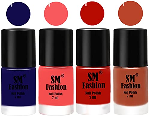 Image of Nail Polish Combo Set (Pack of 4) Quick Dry Gel Finish Nail Paint | Dark Blue,Light Pink,Red Orange,Light Coral | 7 ml Each