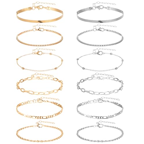 Image of 12pcs Gold /Silver Ankle Bracelets for Women Layered Waterproof 14k Cuban Link Chain Anklets Set Adjustable Dainty Summer Beach Gold Accessories Boho Bracelet Jewelry
