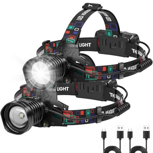 azamine Rechargeable Headlamp Super Bright 99000 Lumens, 2Pack LED Head Lamp with 3 Modes, 90° Adjustable Head Lights for Forehead, IPX6 Waterproof HeadLamps for Adults Camping Hunting Hiking
