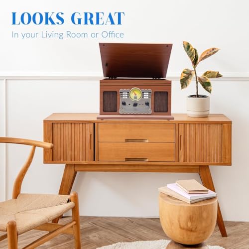 Image of Hiniso 8-in-1 Vinyl Record Player Turntable with 2-Way Bluetooth in /Out, Wireless Remote, CD & Cassette Player, USB /SD Recording | Convert Vinyl /CD /Cassette to MP3 | Built-in Speakers, FM Radio