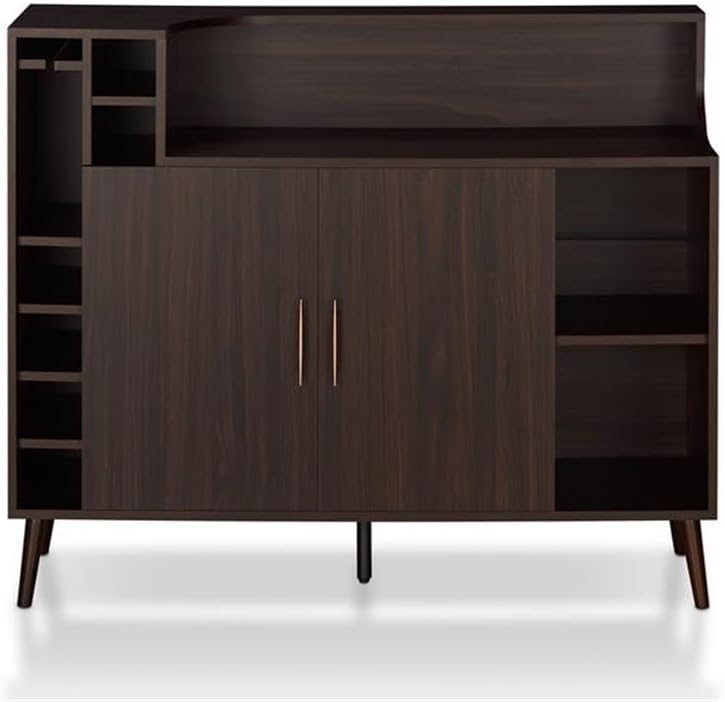 Bowery Hill Modern Wood Buffet Table, Wenge Finish, Multi-Storage Design with Wine Rack, Stemware Rack, Double Door Cabinets, Open Shelves, Angled Tapered Legs, 47.24"W x 15.6"D x 38.58"H for Dining