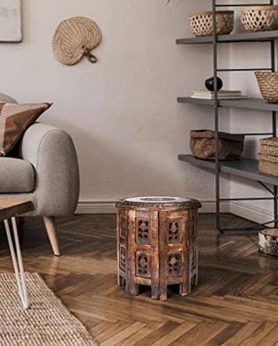 Solid Wood Hand Carved Accent Table, Side Table, Entryway Table, Wooden End Table, Bedside Table, Octagonal Wooden Table - 12 Inch Round Top x 12 Inch High - Burnt