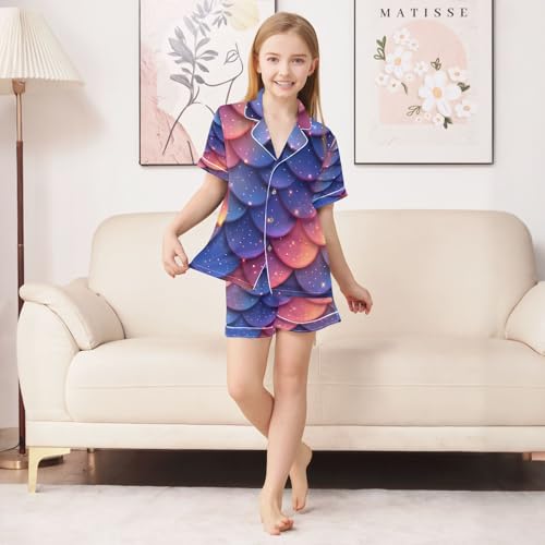 ALAZA Cute Color Mermaid Scale Satin Pajamas Set Short Sleeve Button Down Sleepwear Summer Pjs 2 Piece3