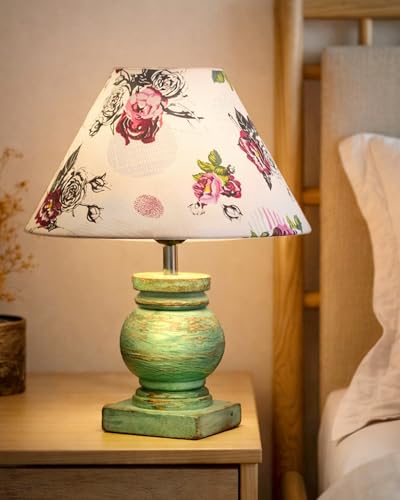 Image of Homesake Small Table Lamp with Green Wooden Base, E27 Holder Bedside Night Lamp for Bedroom Living Room, Decorative Study Desk Lamp Office, Warm Ambient Lighting for Home Decor, Gift, (Rose)