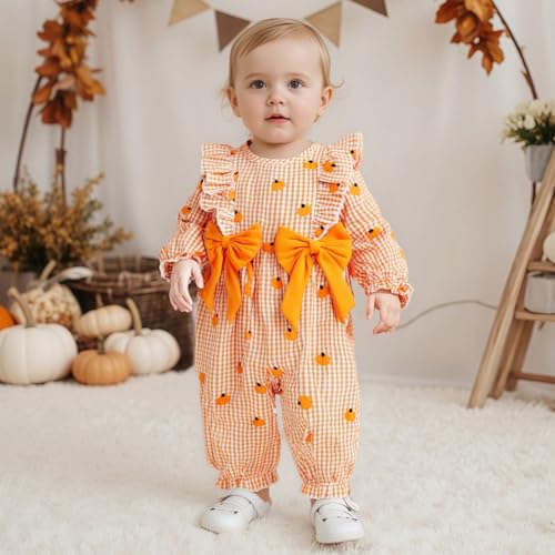 Newborn Baby Girl Halloween Outfit Doll Collar Pumpkin Jumpsuit Romper Ruffle Sleeve Bodysuit Long Overalls with Bow3