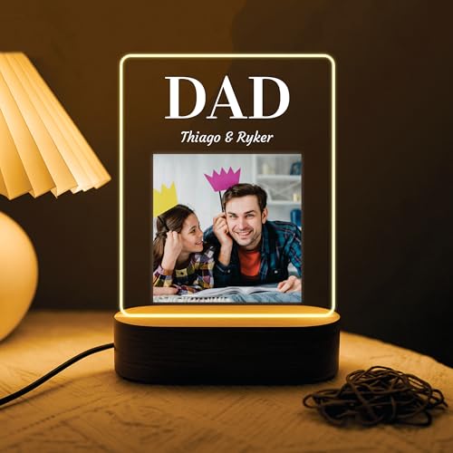 Image of Giftplease Personalized LED Photo Frame for Dad | Custom Name & Single Picture Wooden Engraved Light | Father's Day Present for Papa Father Daddy | Unique Birthday Surprise Tabletop Decor Lamp