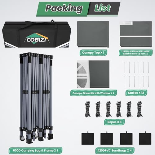 Image of COBIZI 10x20 Pop Up Canopy Tent with 6 Removable Sidewalls, Outdoor, Gray