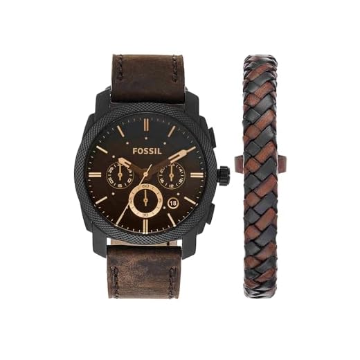 Fossil Reloj para hombre Machine, movimiento cronógrafo de cuarzo, 42mm Caja de acero negro con correa de piel, FS5251SET