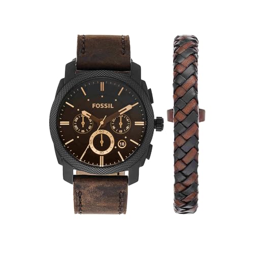 Fossil Reloj para hombre Machine, movimiento cronógrafo de cuarzo, 42mm Caja de acero negro con correa de piel, FS5251SET, 42MM, Marrón Oscuro