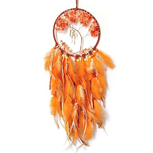 SOYUZU Orange Dream Catcher Wall Decor Crystal Tree of Life Dream Catchers Handmade Feather Dreamcatcher Wall Hanging Ornament for Bedroom Living Room Home Decor