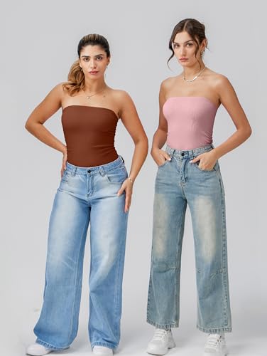 Image of OQQ Womens Tube Bodysuits Strapless Basic Sleeveless Ruched Stretch Classic-Fit Tops Sexy Bodysuits