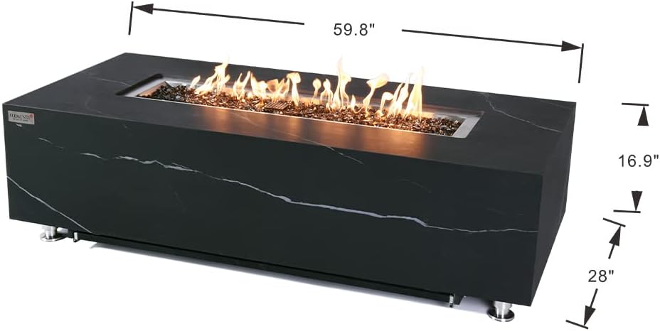Varna Marble Fire Pit 59.8" x 28" Outdoor Patio Firepit Includes Fire Glass Modern Fire Pits & Outdoor Fireplaces for Garden, Deck, Indoor & Outdoor Heating