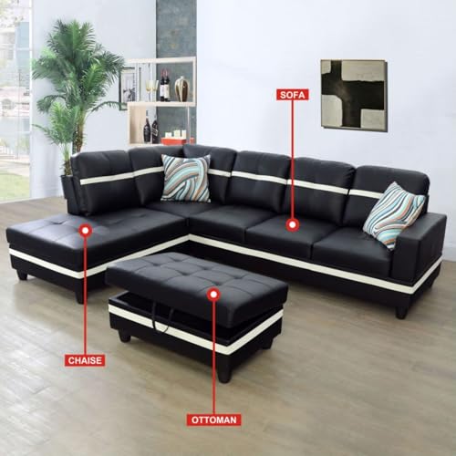 Image of L-Shaped 3-Piece Semi PU Synthetic Leather Sofa with Storage Ottoman Set, Sectional Couch Sofa Set for Living Room, Office, Small Space, Black and White