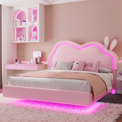 AMERLIFE Queen Floating Bed Frame with Adjustable Headboard for Teens Pink