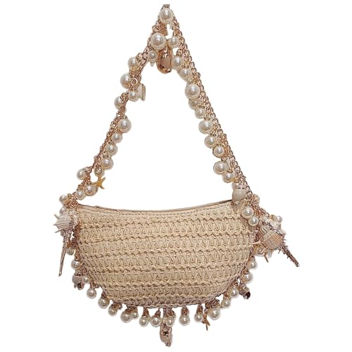 Image of Gets Women Pearl Straw Clutch Purse Woven Summer Beach Evening Bag Wedding Party Straw Shoulder Handbag