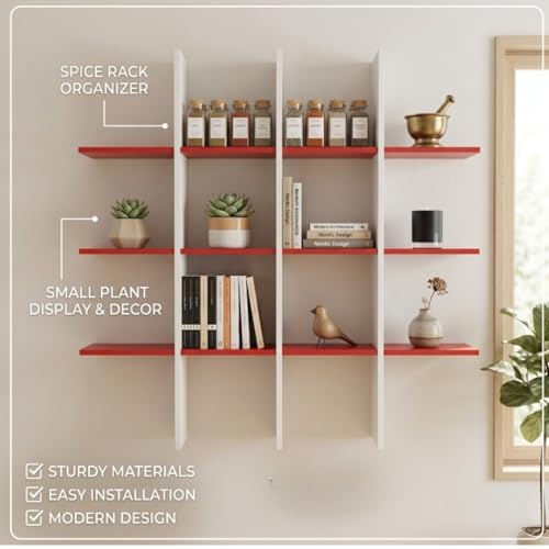 Image of Modern Wooden Wall Shelf for Living Room & Bedroom - Decorative Wall Mounted for Books, Showpieces & Home Decor - Multi-Compartment Floating Wall Organizer RED & White