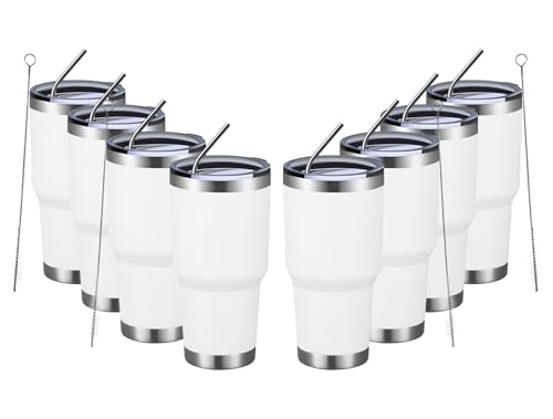 Image of MEWAY 30oz Insulated Tumbler With Lids and Straws,Stainless Steel Double Vacuum Coffee Tumbler Cup, Brush, Durable Powder Coated Coffee Cup for Cold & Hot Drinks, Office, Travel(White,8 PACK)