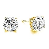 18K White Gold Plated Hypoallergenic CZ Studs Earrings, 925 Sterling Silver Cubic Zirconia Earrings, Simulated Diamond Stud Earrings Jewellery for Her Women (6mm Yellow Gold Plated)