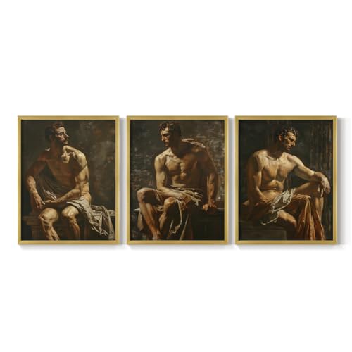 Renditions Gallery Set of 3 Peel & Stick Framed Prints, Statue Wall Art, Bronze Sculpture Men Wall Decor, Re-Stickable - Ready to Hang - 11"x14" - Gold Frame LT597