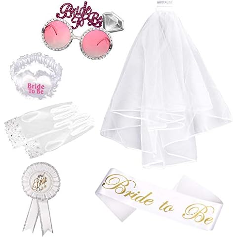 Foonii Braut zum Set Schärpe Strumpfband Rosette und weiße Hochzeit Brautschleier mit Kamm, Brille und Handschuhe Cover