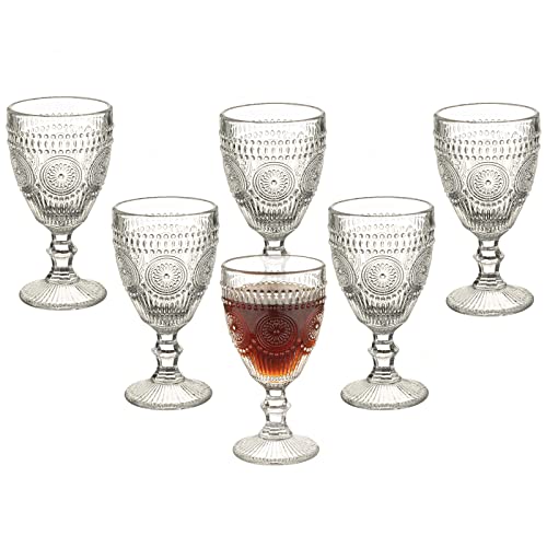 Vintage Wine Glasses Set Of 6, 10 Ounces Colored Glass Water Goblets, Unique Embossed Pattern High Clear Stemmed Glassware Wedding Party Bar Drinking Cups Floral Clear 6 Pack #TOP6