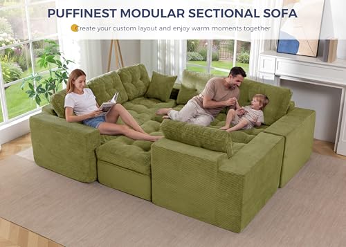 Image of MAXYOYO Modular Sectional Sofa with Ottoman and Loveseat, Cloud Boneless Couch with Layered Cushion, Flexible Module Combination Sofa for Living Room, No Assembly Required,Green