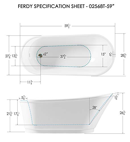 FerdY Langkawi 59"Acrylic Freestanding bathtub, F-02568T White Modern Stand Alone bathtub Soaking Bathtub, Easy to Install, cUPC Certified, Drain & Overflow Assembly Included