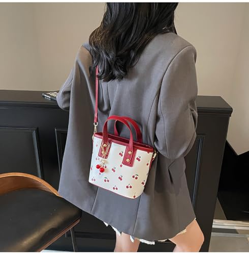 Cherry Print Tote Bag Leather Shoulder Handbag Trendy Crossbody Bag with Cherry Pendant for Women2