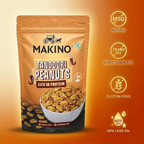 Image of Makino Tandoori Masala Roasted Peanuts, 140gm Pack of 2, Desi Spicy & Tangy Roasted Peanut Snack, High in Protein, Loved by Indian People for Regular Eat, Crispy Crunchy Namkeen