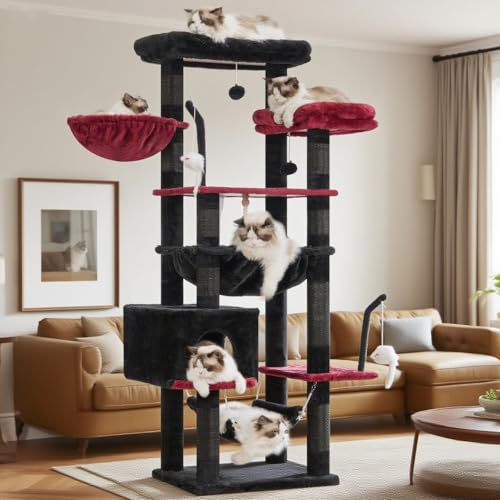 Gitelsnour Gothic Cat Tree, Cat Tower for Large Cats with 2 Big Platforms, 2 Baskets, condo and Toys, 63" Cat Scratching Posts for Indoor Cats, Black and red GCT020BR